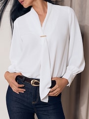 Lipsy White Tie Drape Front Gold Trim Woven Blouse - Image 3 of 6