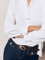 Lipsy White Tie Drape Front Gold Trim Woven Blouse - Image 4 of 6
