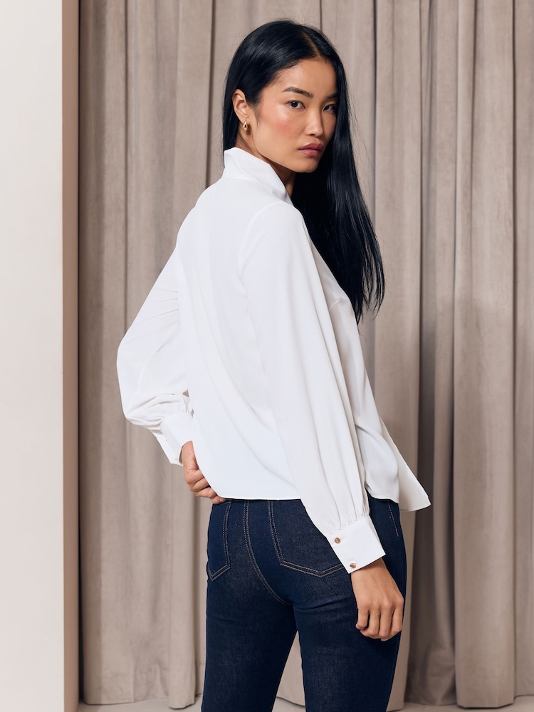 Lipsy White Tie Drape Front Gold Trim Woven Blouse - Image 6 of 6