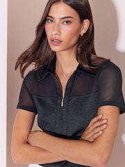 Lipsy Black Zip Front Jersey Rib Mesh Short Sleeve Shirt - Image 3 of 5