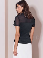 Lipsy Black Zip Front Jersey Rib Mesh Short Sleeve Shirt - Image 5 of 5