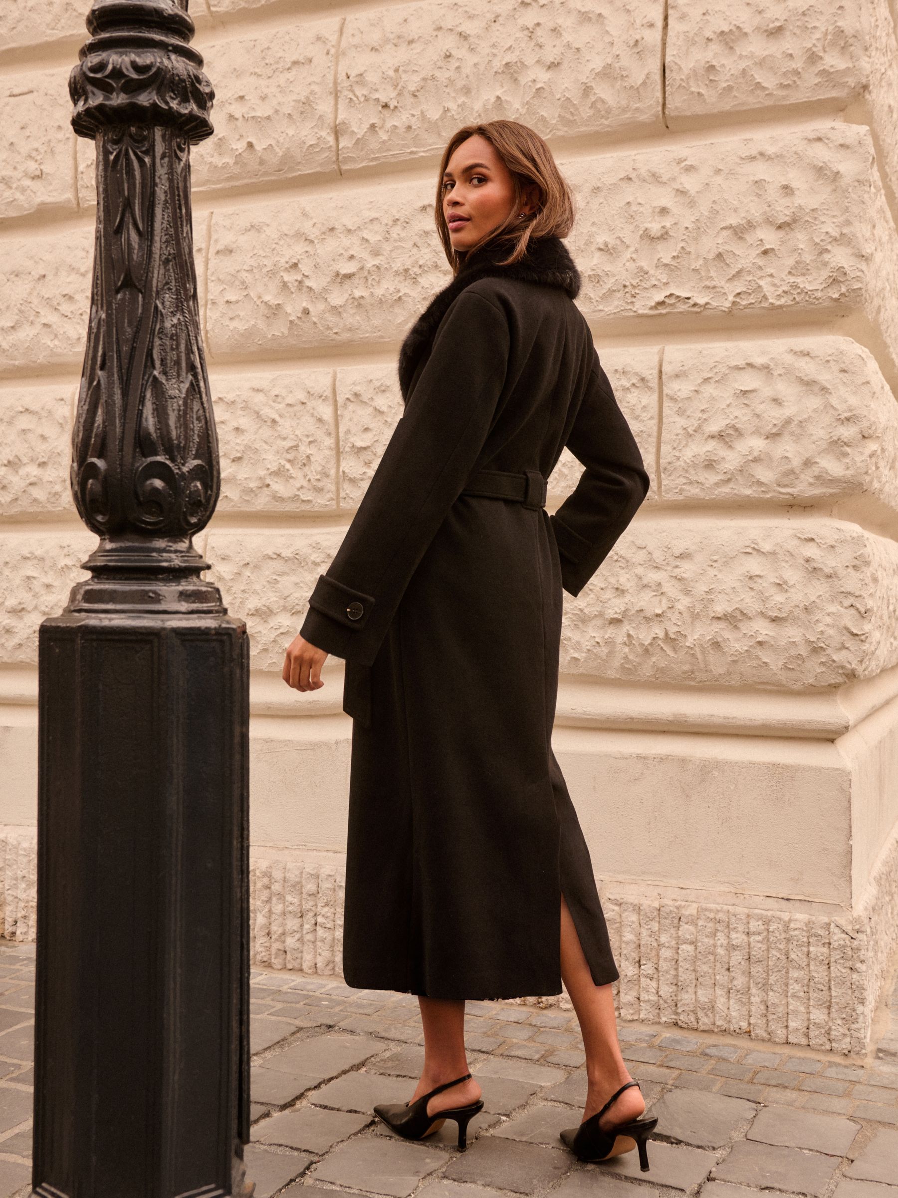 Buy Love & Roses X Binky Black Fur Collared Wrap Coat from the