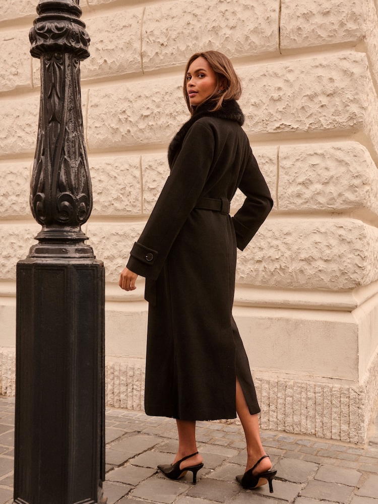 Love & Roses X Binky Black Fur Collared Wrap Coat - Image 5 of 5