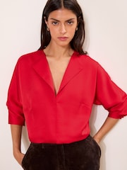 Lipsy Red Satin Open Collar V-Neck Batwing Blouse - Image 1 of 5