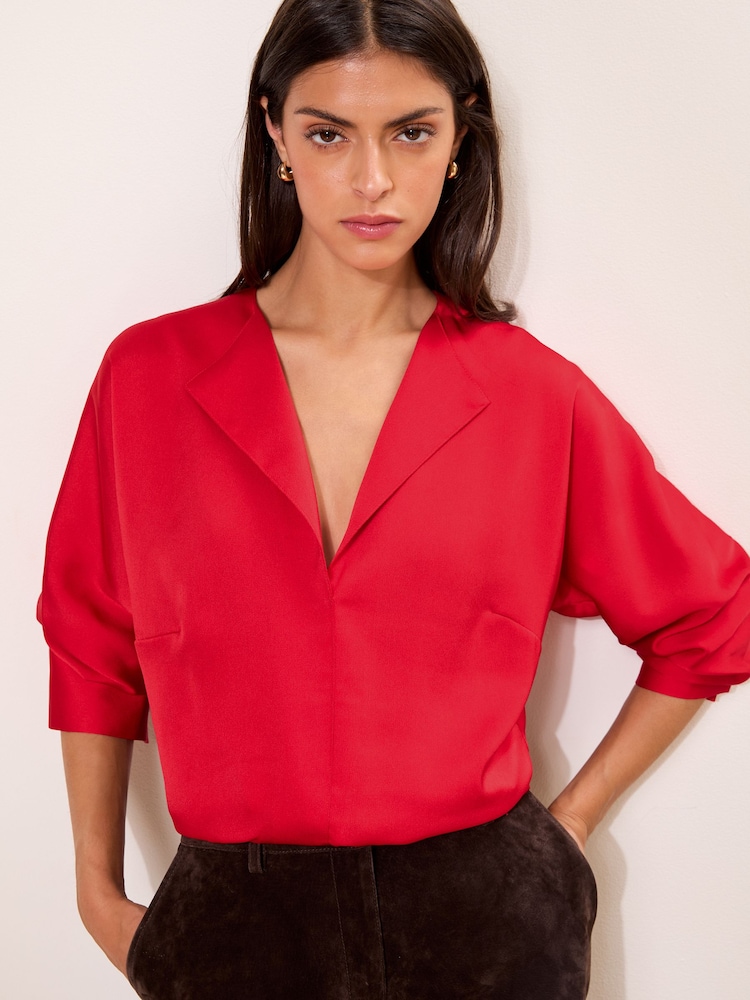 Lipsy Red Satin Open Collar V-Neck Batwing Blouse - Image 1 of 5