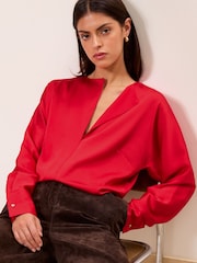 Lipsy Red Satin Open Collar V-Neck Batwing Blouse - Image 2 of 5