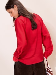 Lipsy Red Satin Open Collar V-Neck Batwing Blouse - Image 5 of 5