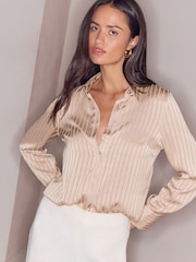 Lipsy Champagne Gold Satin Stripe Burnout Shirt - Image 1 of 5