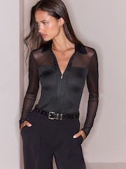 Lipsy Black Zip Front Jersey Rib Mesh Shirt - Image 1 of 5