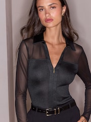 Lipsy Black Zip Front Jersey Rib Mesh Shirt - Image 4 of 5