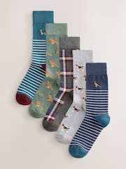 Blue/Green Mixed Animals Pattern Socks 5 Pack - Image 1 of 8