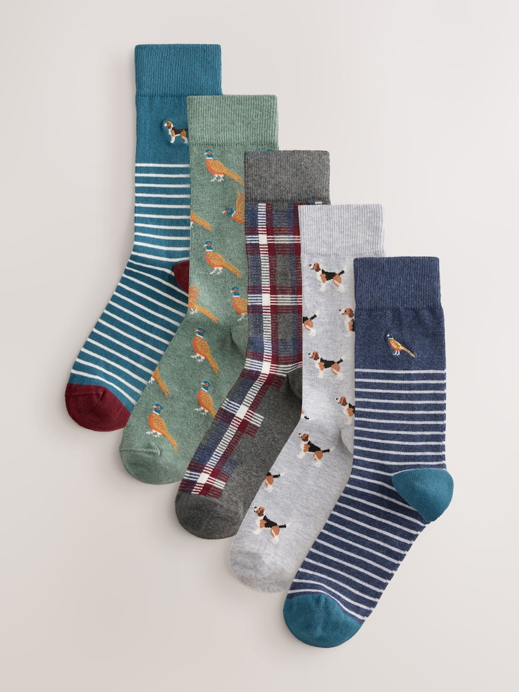 Blue/Green Mixed Animals Pattern Socks 5 Pack - Image 1 of 8 Blue/Green Mixed Animals Pattern Socks 5 Pack - Image 1 of 8