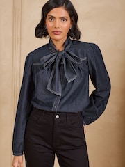 Love & Roses Pussybow Denim Blouse - 6суретінің 1 суреті