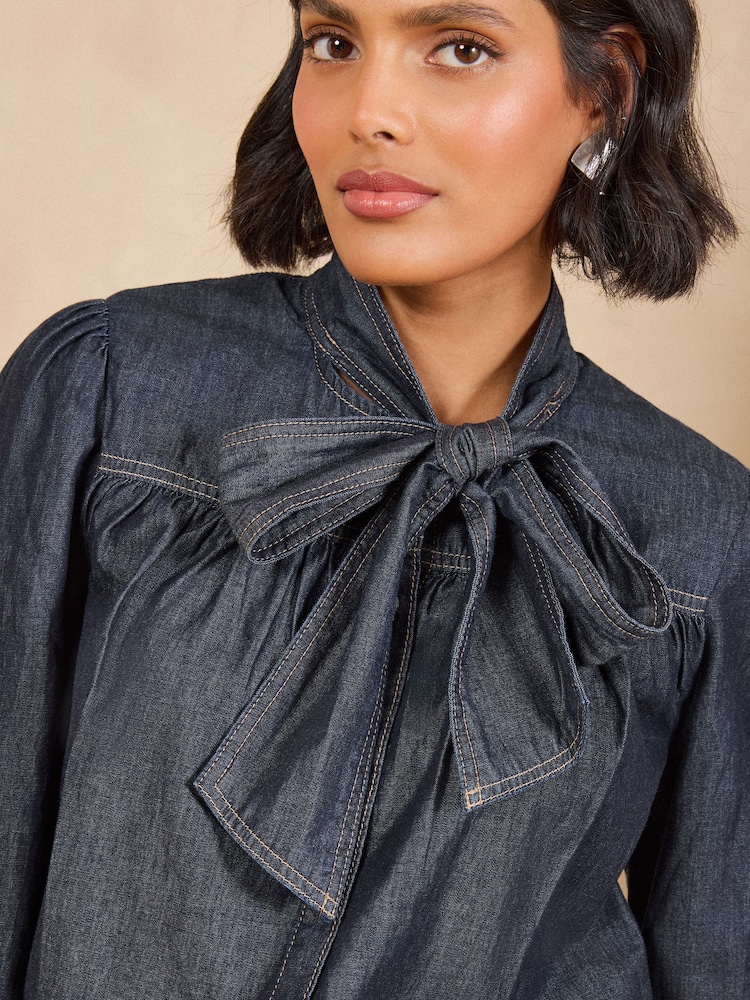 Love & Roses Pussybow Denim Blouse - 6суретінің 6 суреті