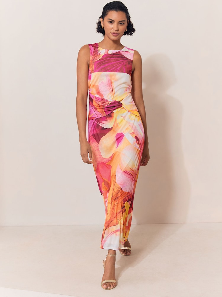 Lipsy Pink/Orange Print Mesh Tie Knot Front Sleeveless Midaxi Dress - Image 1 of 4