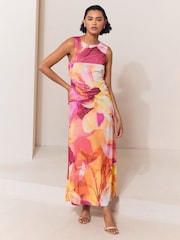 Lipsy Pink/Orange Print Mesh Tie Knot Front Sleeveless Midaxi Dress - Image 3 of 4