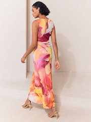Lipsy Pink/Orange Print Mesh Tie Knot Front Sleeveless Midaxi Dress - Image 4 of 4