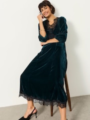 FatFace Libby Teal Blue Petite Velvet Midi Dress - Image 6 of 7