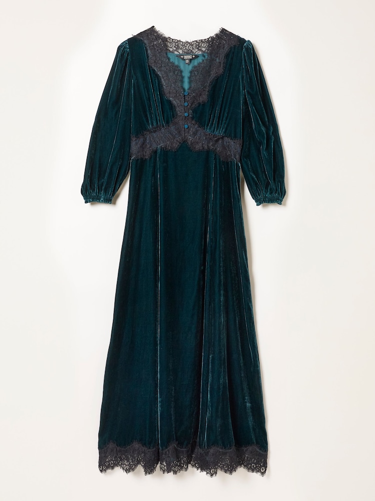FatFace Libby Teal Blue Petite Velvet Midi Dress - Image 7 of 7