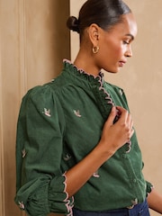 Waldgrün mit aufgesticktem Entenmotiv - Love & Roses – Cordbluse mit Rüschenkragen - Bild 2 von 6