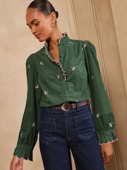 Waldgrün mit aufgesticktem Entenmotiv - Love & Roses – Cordbluse mit Rüschenkragen - Bild 4 von 6