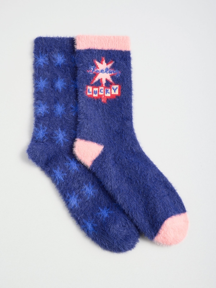 Love & Roses Navy Cosy Soft Eyelash Slipper Socks 2 Pack - Image 1 of 4