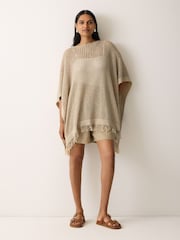 Jigsaw Cream Linen Blend Open Stitch Poncho - Image 1 of 5