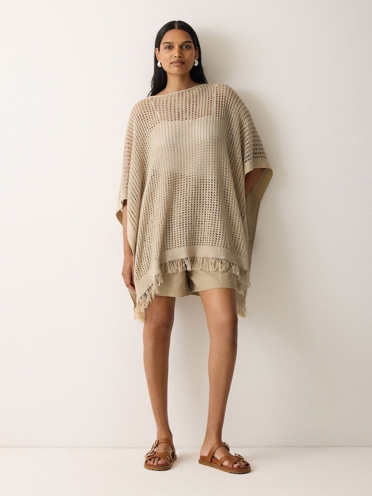 Jigsaw Cream Linen Blend Open Stitch Poncho - Image 1 of 5
