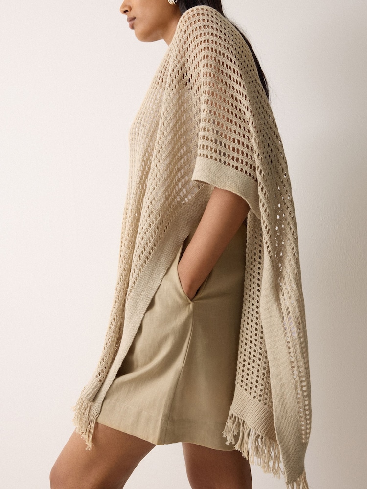 Jigsaw Cream Linen Blend Open Stitch Poncho - Image 2 of 5