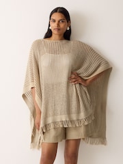 Jigsaw Cream Linen Blend Open Stitch Poncho - Image 3 of 5