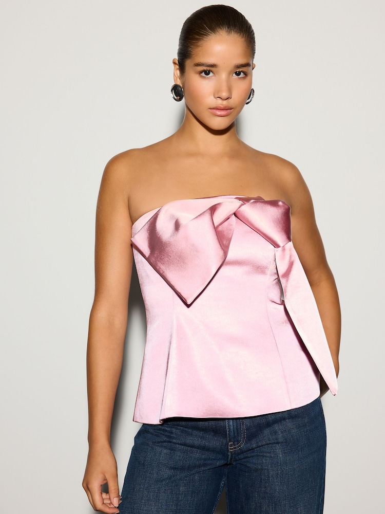 Pink Satin Bow Detail Bandeau Top - Image 1 of 5 Pink Satin Bow Detail Bandeau Top - Image 1 of 5