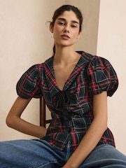 Green/Red Tartan - Velvet Bow Puff Sleeve Blouse - រូបភាព 1 នៃ 7