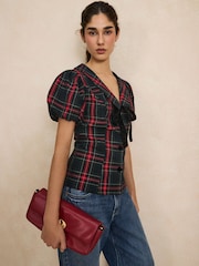Green/Red Tartan - Velvet Bow Puff Sleeve Blouse - រូបភាព 2 នៃ 7