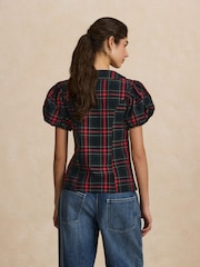 Green/Red Tartan - Velvet Bow Puff Sleeve Blouse - រូបភាព 3 នៃ 7