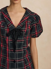 Green/Red Tartan - Velvet Bow Puff Sleeve Blouse - រូបភាព 4 នៃ 7