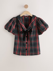 Green/Red Tartan - Velvet Bow Puff Sleeve Blouse - រូបភាព 5 នៃ 7