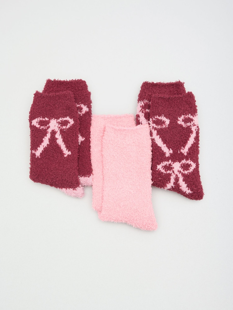Friends Like These Burgundy Red Bow Cosy Slipper Socks 3 Pack - Image 1 of 7 Friends Like These Burgundy Red Bow Cosy Slipper Socks 3 Pack - Image 1 of 7