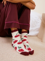 Friends Like These Red and Cream Cherry Print Cosy Slipper Socks 3 Pack - Image 6 of 7