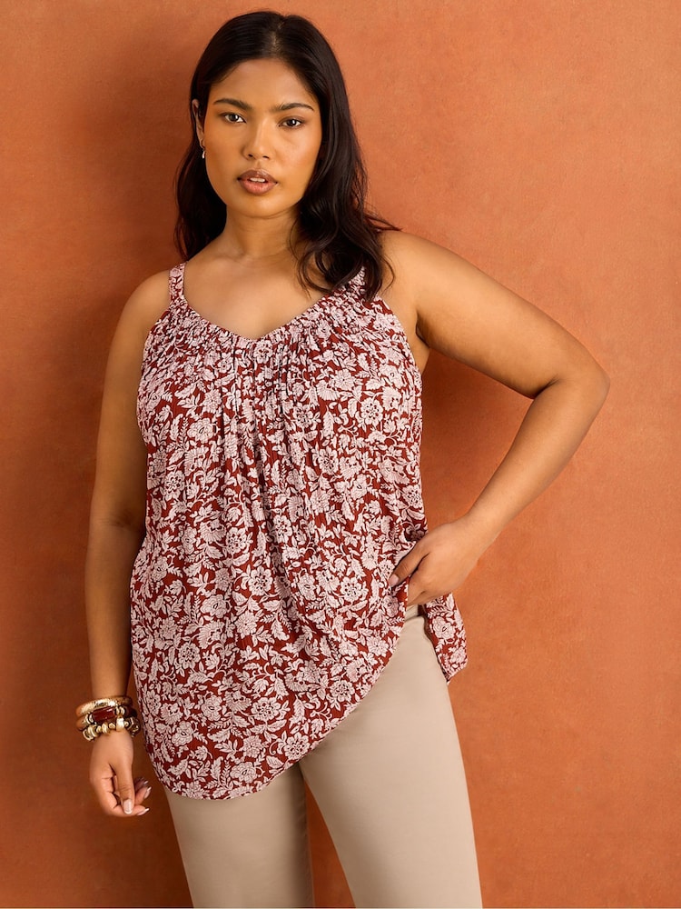 Live Unlimited Red Floral Print Crinkle Gathered Cami - Image 4 of 4