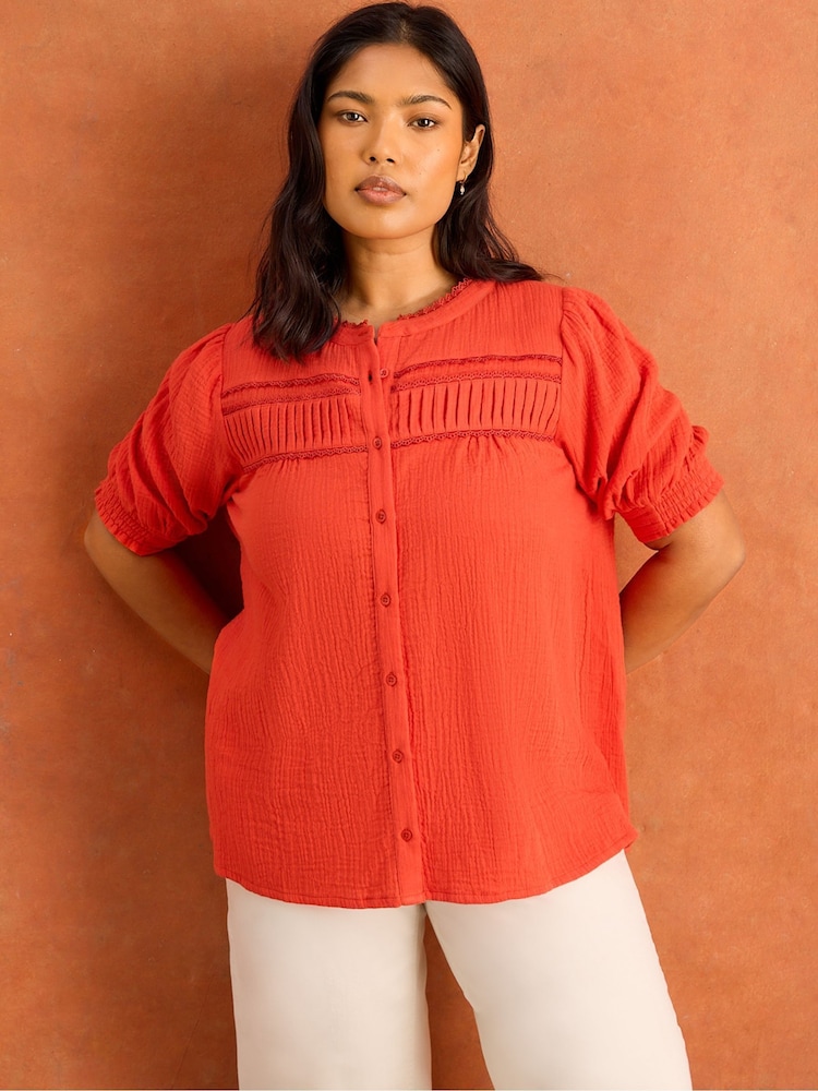 Live Unlimited Red Cheesecloth Pintuck Detail Short Sleeve Blouse - Image 1 of 5 Live Unlimited Red Cheesecloth Pintuck Detail Short Sleeve Blouse - Image 1 of 5