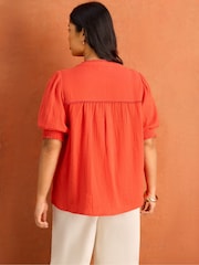 Live Unlimited Red Cheesecloth Pintuck Detail Short Sleeve Blouse - Image 4 of 5