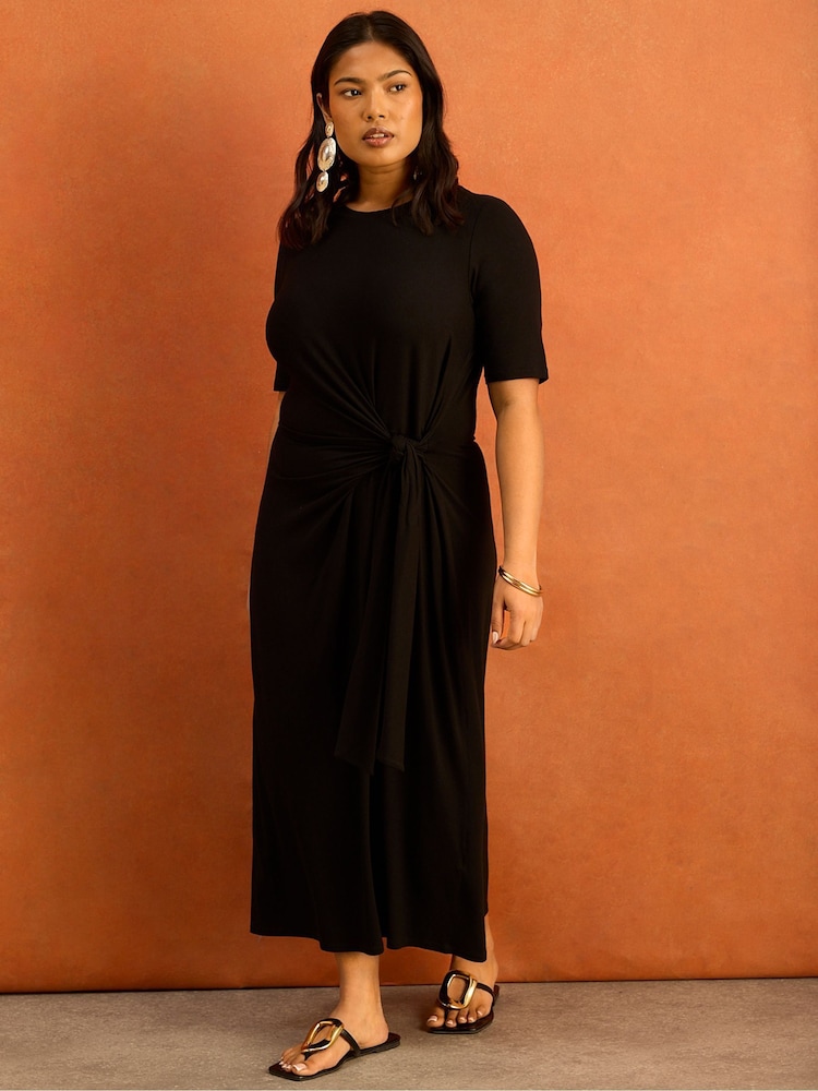Live Unlimited Black Tie Side Short Sleeve Jersey Midaxi Dress - Image 1 of 5