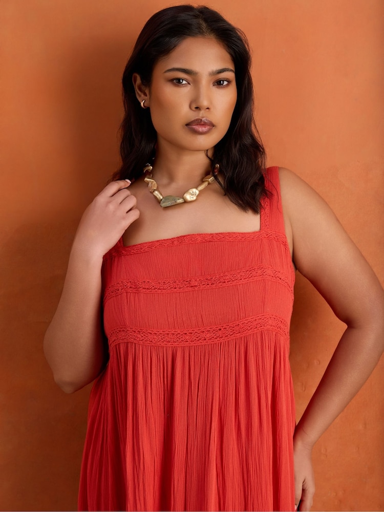 Live Unlimited Orange Crinkle Pintuck Lace Trim Midaxi Dress - Image 8 of 8