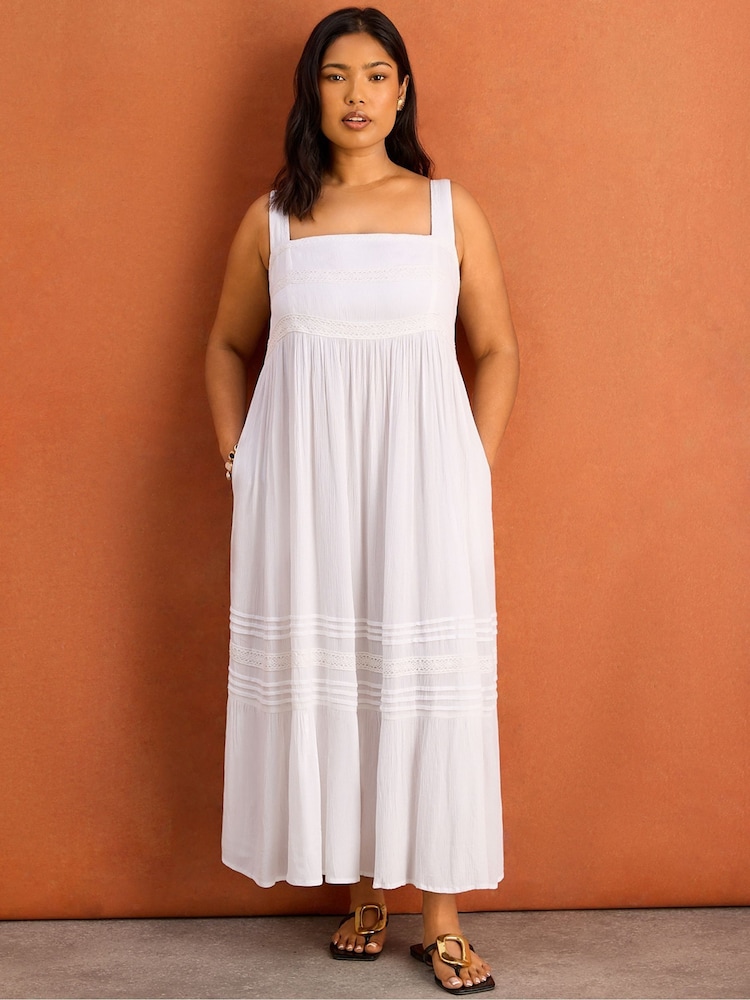 Live Unlimited White Crinkle Pintuck Lace Trim Midaxi Dress - Image 1 of 4
