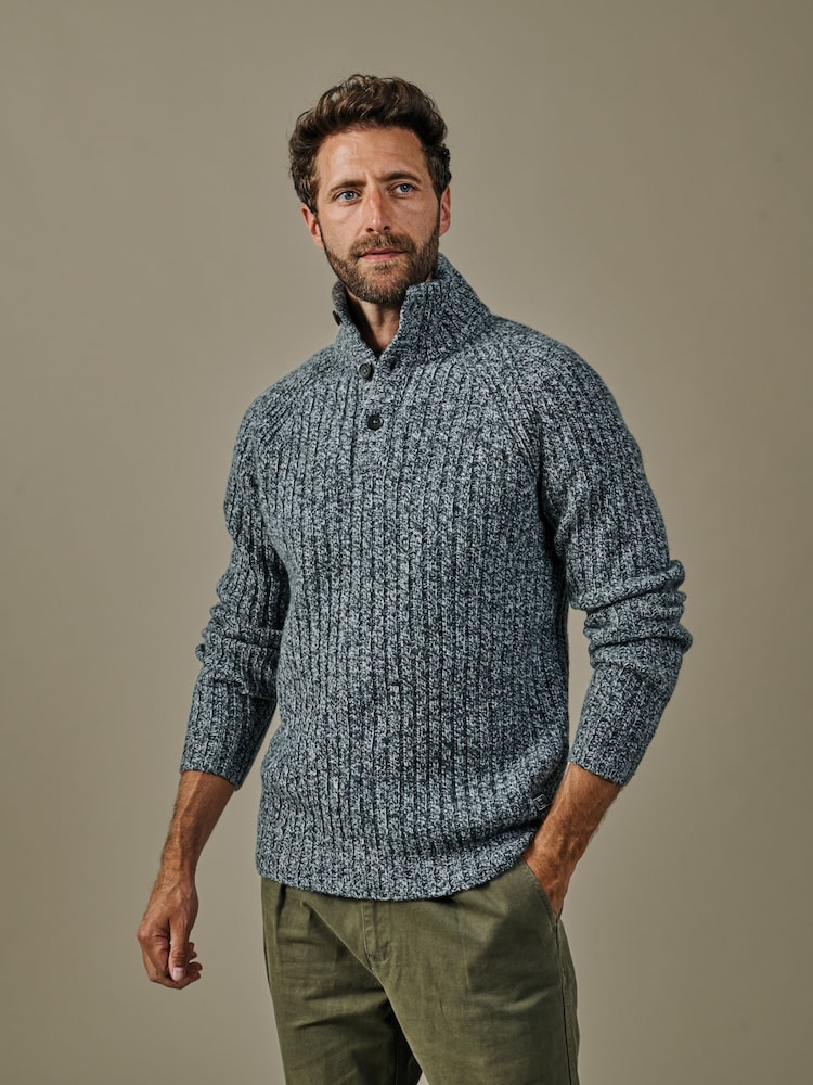 Aubin Grey Farnham Fisherman Rib Button Neck Jumper - Attēls 2 no 5