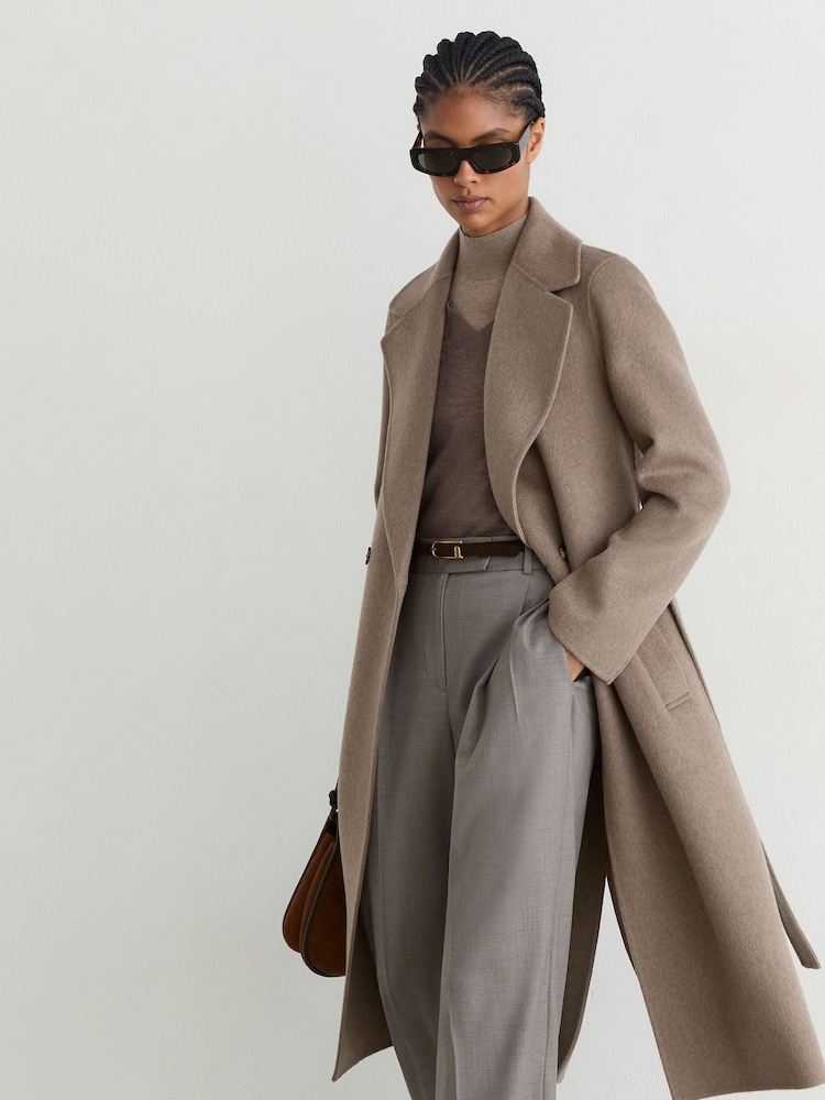 Reiss Neutral Melange Thea Wool-Blend Double-Breasted Blind-Seam Coat with Cashmere - Image 1 of 9 Reiss Neutral Melange Thea Wool-Blend Double-Breasted Blind-Seam Coat with Cashmere - Image 1 of 9