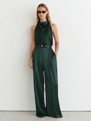 Reiss Teal Green Zadie Satin Wide-Leg Pleated Trousers - Image 1 of 6