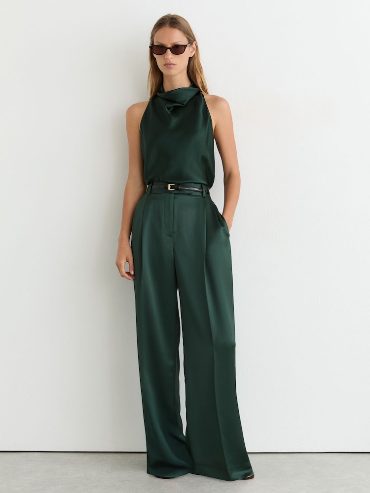 Reiss Teal Green Zadie Satin Wide-Leg Pleated Trousers - Image 1 of 6 Reiss Teal Green Zadie Satin Wide-Leg Pleated Trousers - Image 1 of 6