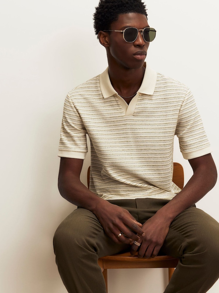 River Island Cream Slim Fit Crochet Open Neck Polo Shirt - Image 1 of 4