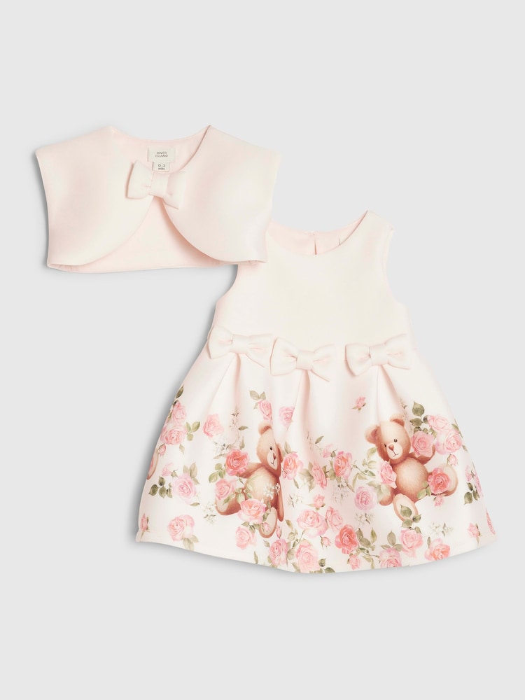River Island Pink Bear Bow Floral Scuba Dress - Image 1 of 1